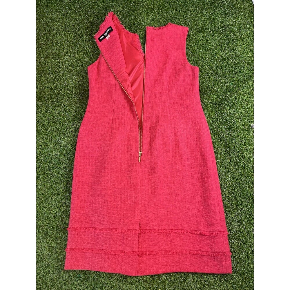 Karl Lagerfeld Paris Tonal Tweed Pink Dress Size 10 Fringe Gold Buttons - Picture 4 of 9